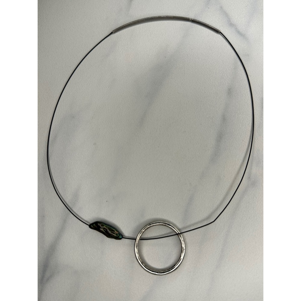 925 Sterling Silver Wire Choker Necklace Iridescent Pearl Ring Minimalist 17in